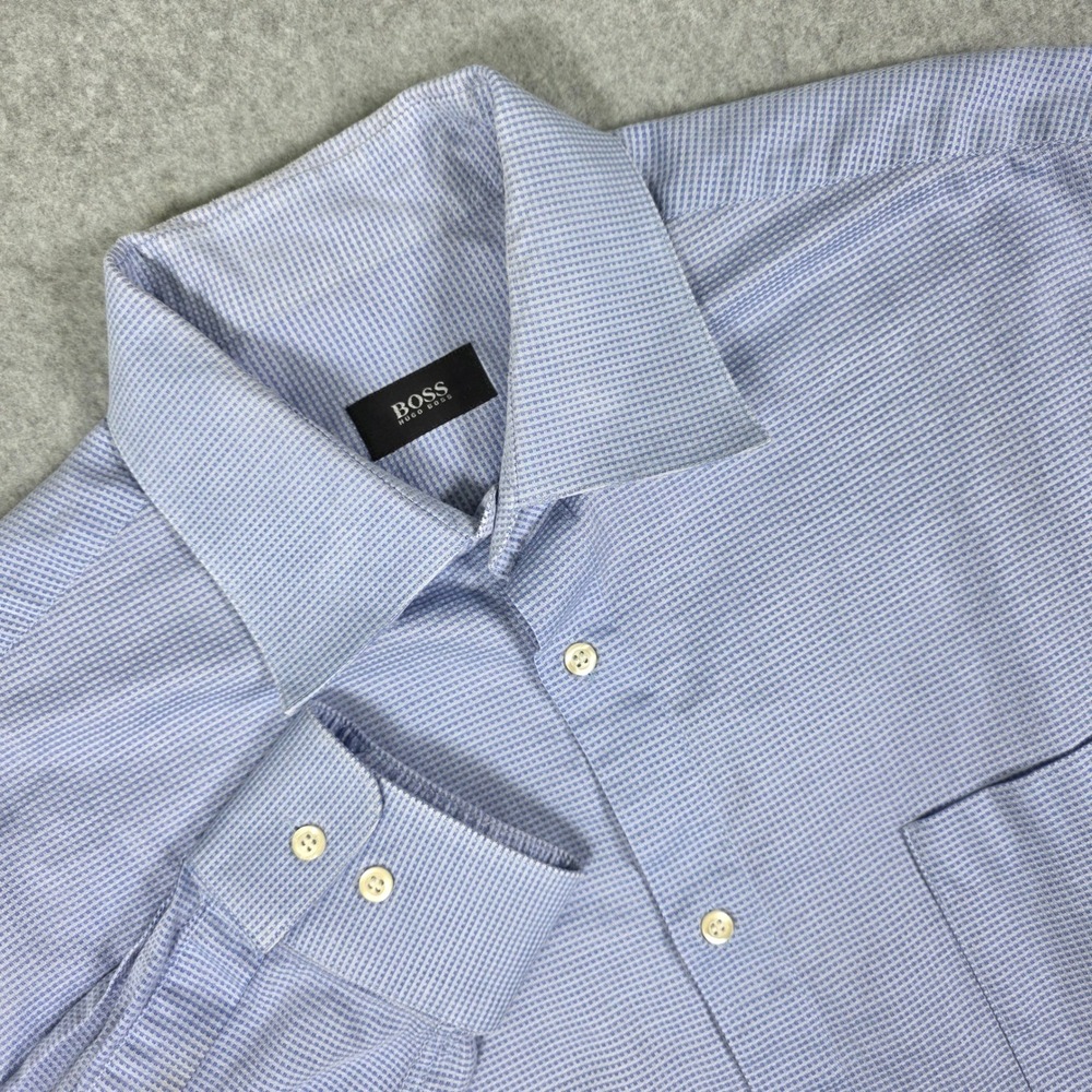 BOSS Hugo Boss Dress Shirt Men's 17.5 34/35‎ Blue Checkered Long Sleeve Business